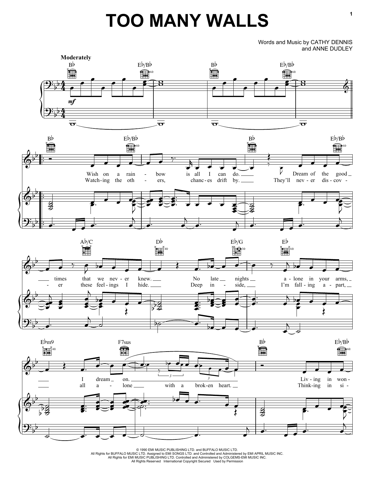 Cathy Dennis Too Many Walls sheet music notes and chords. Download Printable PDF.