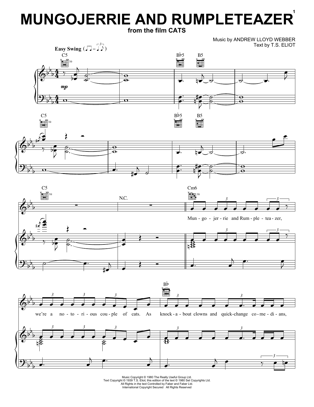 Learn to play Cats Cast Mungojerrie And Rumpleteazer (from the Motion Picture Cats) sheet music for Piano, Vocal & Guitar Chords (Right-Hand Melody) in minutes. Price: 6.9900$ Cats Cast Mungojerrie And Rumpleteazer (from the Motion Picture Cats) sheet music notes and chords arranged for Piano, Vocal & Guitar Chords (Right-Hand Melody)