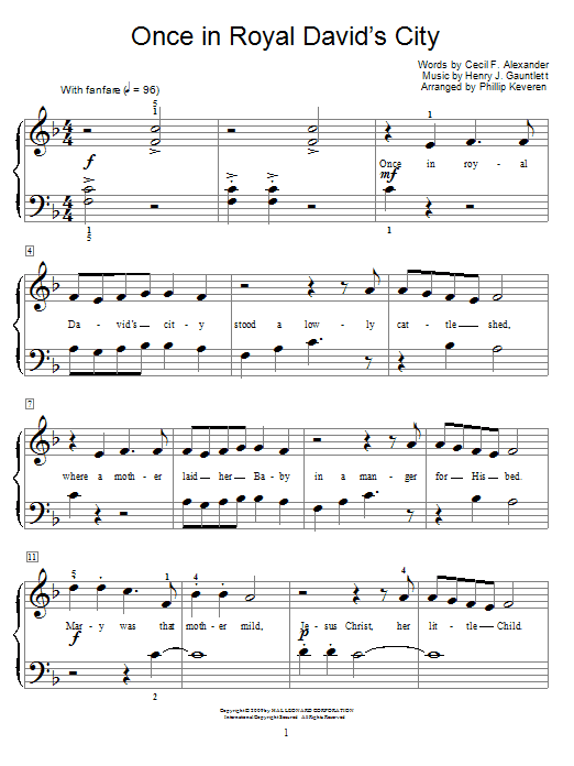 Learn to play Cecil F. Alexander Once In Royal David's City (arr. Phillip Keveren) sheet music for Easy Piano Solo in minutes. Price: 6.9900$ Cecil F. Alexander Once In Royal David's City (arr. Phillip Keveren) sheet music notes and chords arranged for Easy Piano Solo
