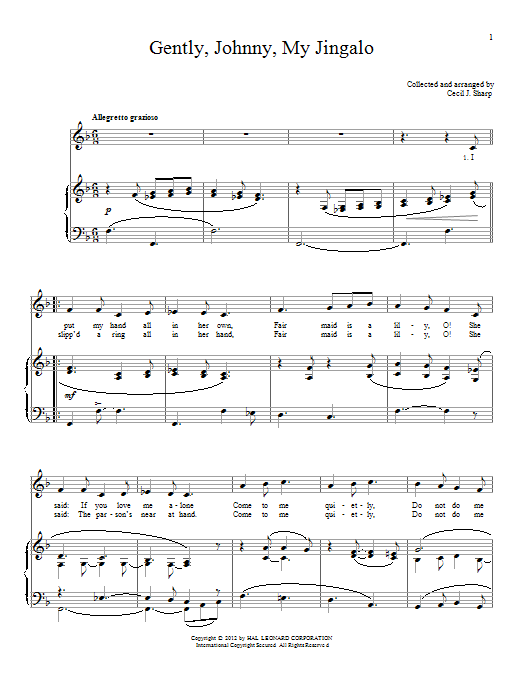 Cecil J. Sharp Gently, Johnny, My Jingalo sheet music notes and chords arranged for Piano & Vocal