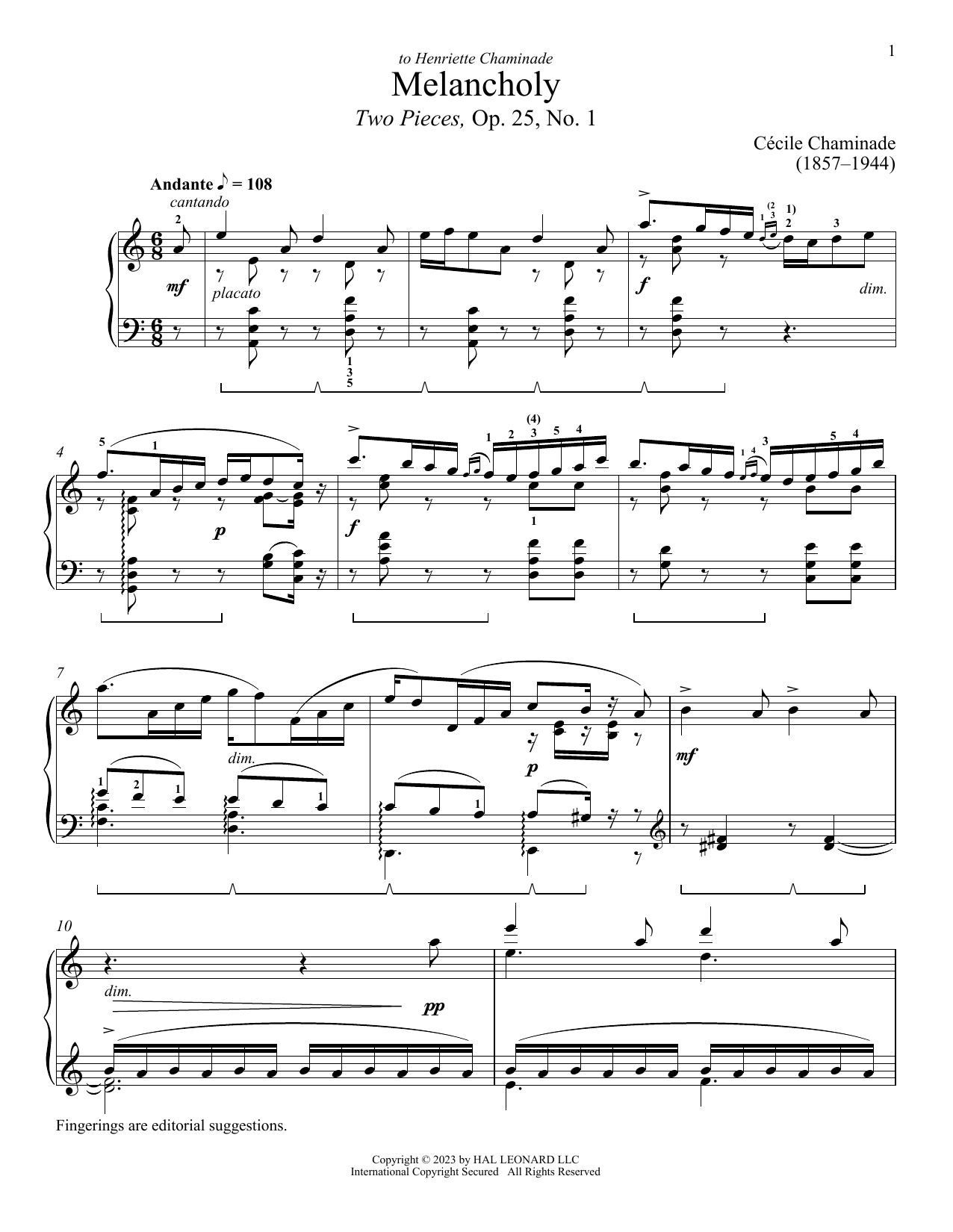 Cecile Chaminade Melancholy sheet music notes and chords. Download Printable PDF.