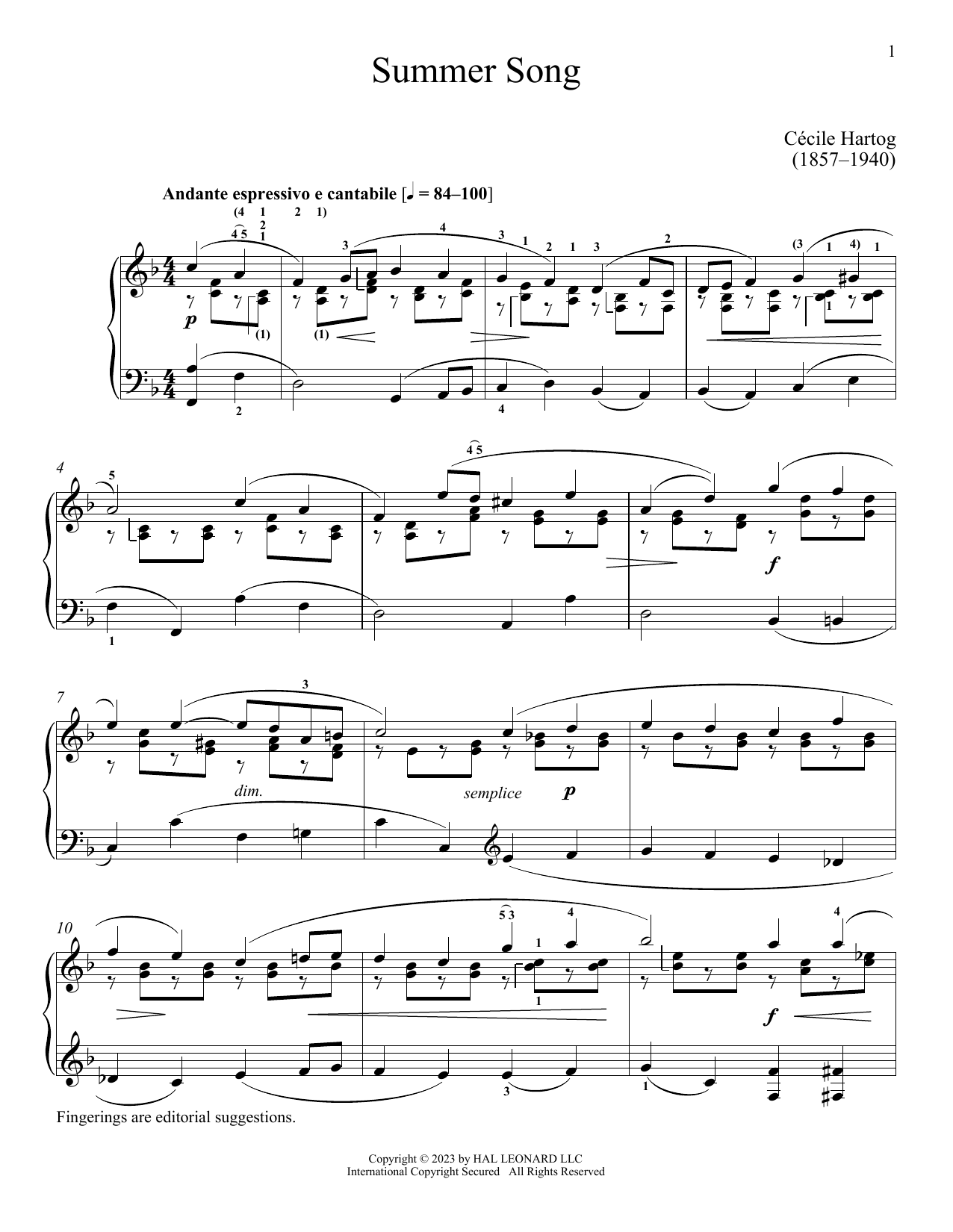 Cecile Hartog Summer Song sheet music notes and chords. Download Printable PDF.