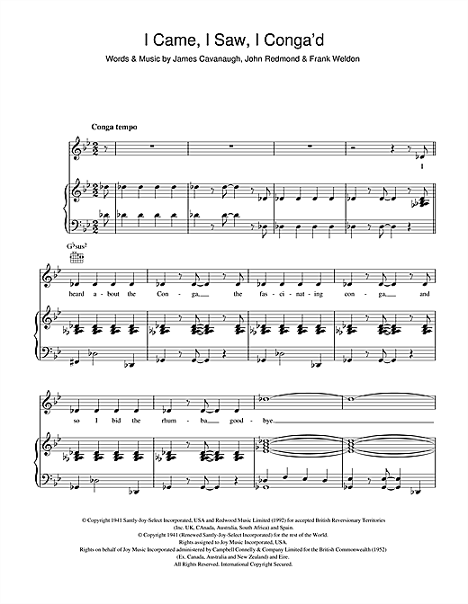 Learn to play Celia Lipton I Came, I Saw, I Conga'd sheet music for Piano, Vocal & Guitar (Right-Hand Melody) in minutes. Price: 7.8900$ Celia Lipton I Came, I Saw, I Conga'd sheet music notes and chords. Download Printable PDF.