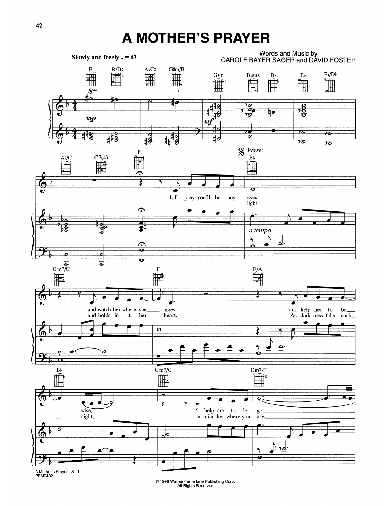 Celine Dion A Mother's Prayer (from Quest For Camelot) sheet music notes and chords. Download Printable PDF.