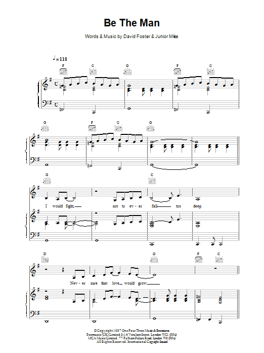 Celine Dion Be The Man sheet music for Piano, Vocal & Guitar (Right-Hand Melody) in minutes. Price: 7.8900$ Celine Dion Be The Man sheet music notes and chords. Download Printable PDF.