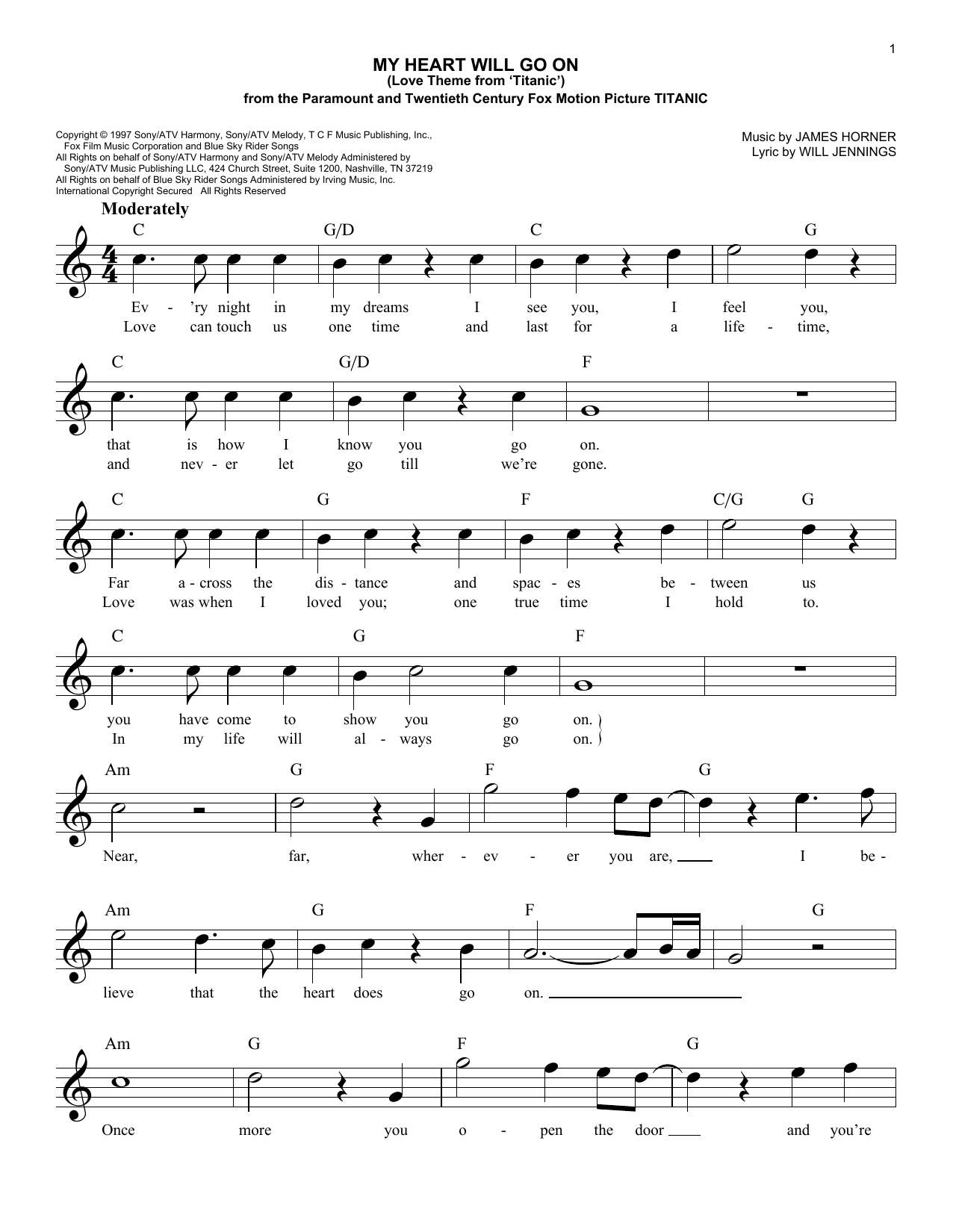 Celine Dion My Heart Will Go On Love Theme From Titanic Sheet Music Chords And Lyrics