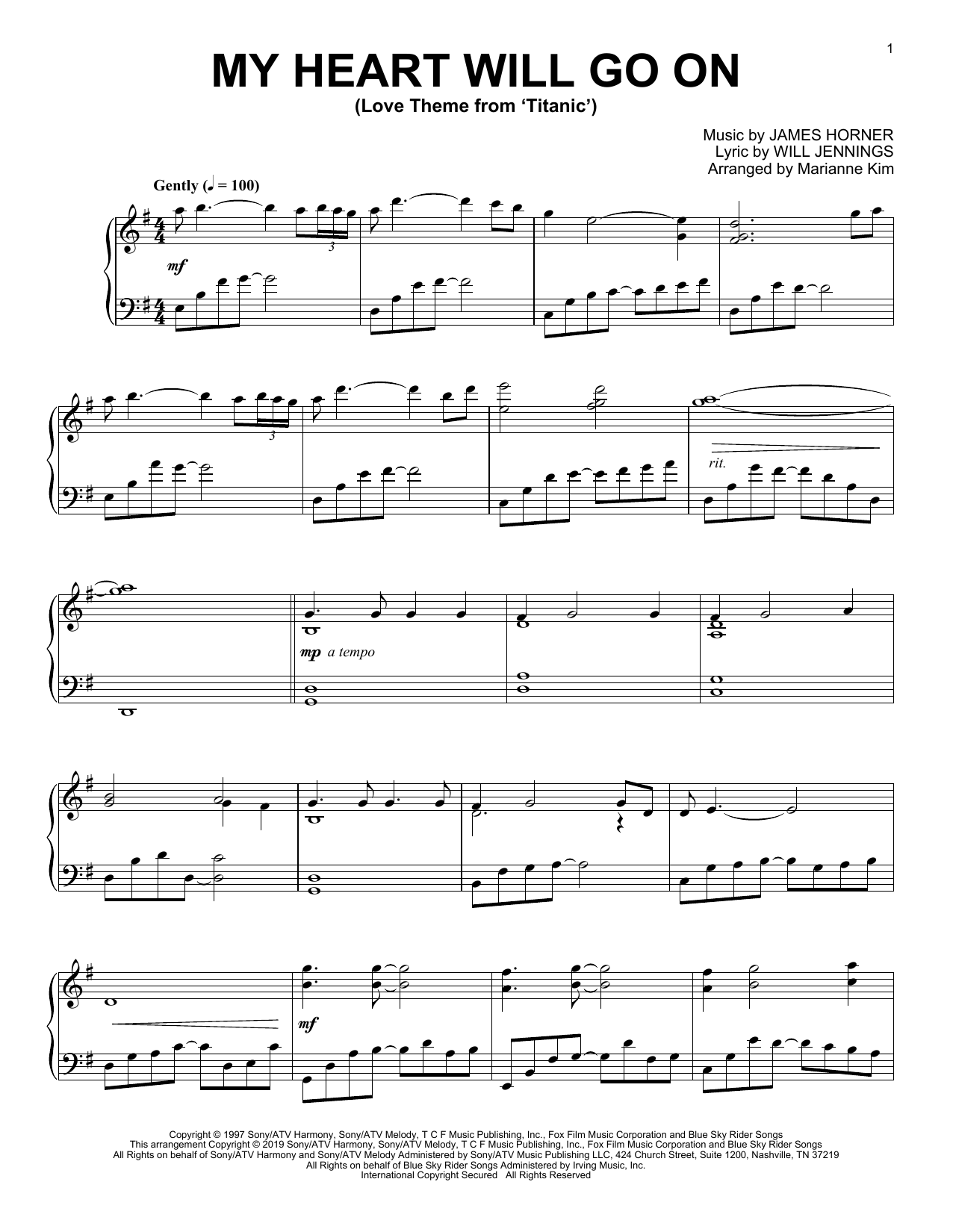 Celine Dion My Heart Will Go On Love Theme From Titanic Arr Marianne Kim Sheet Music