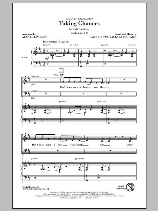 Learn to play Celine Dion Taking Chances (arr. Alan Billingsley) sheet music for SAB Choir in minutes. Celine Dion Taking Chances (arr. Alan Billingsley) sheet music notes and chords. Download Printable PDF.
