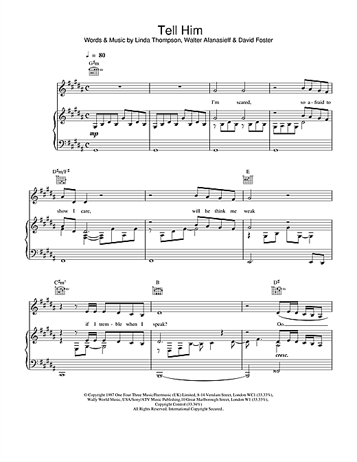 Celine Dion Tell Him sheet music notes and chords. Download Printable PDF.