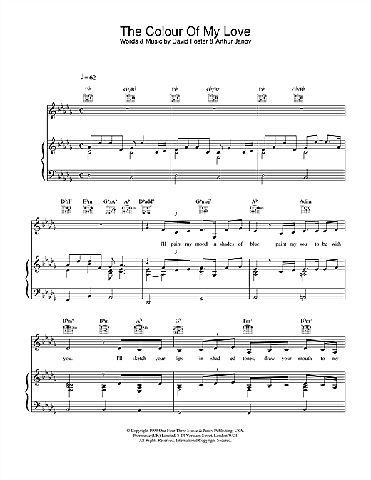 Celine Dion The Colour Of My Love sheet music notes and chords. Download Printable PDF.