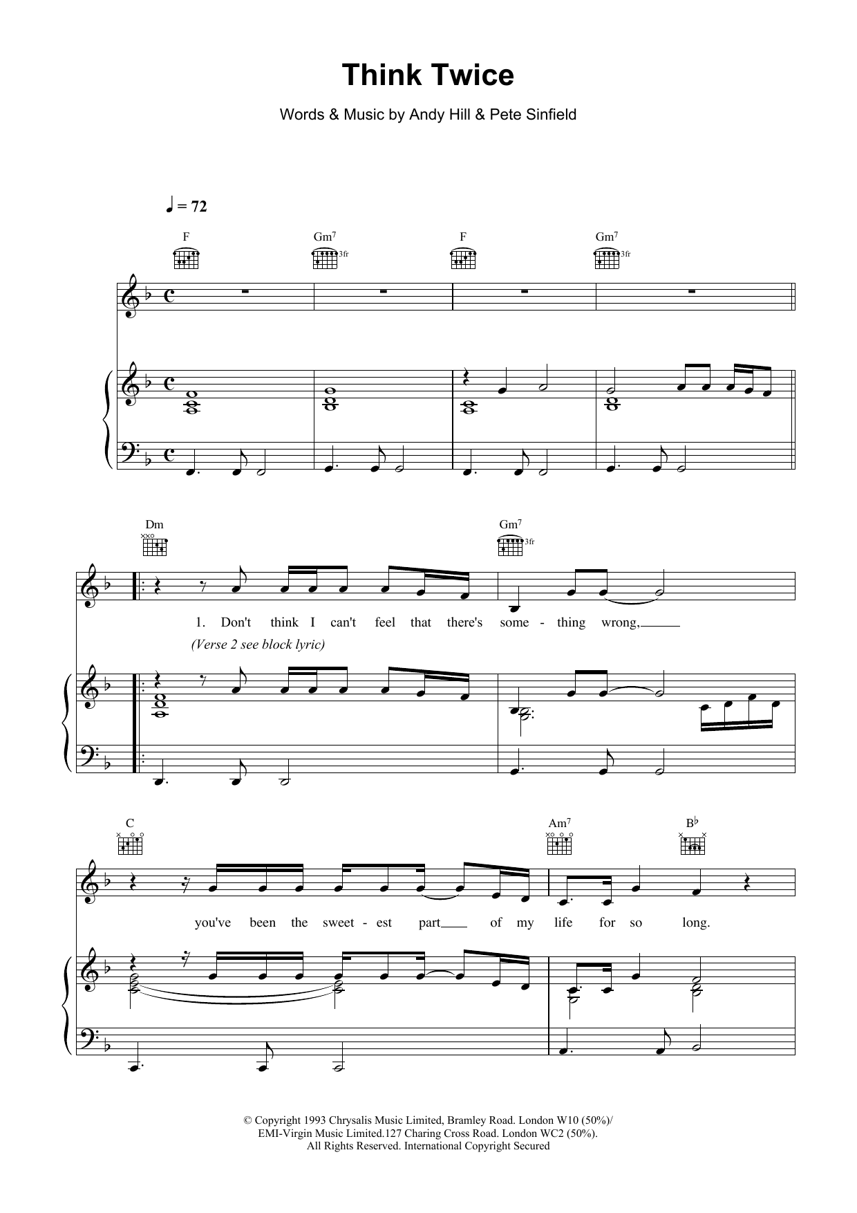 Celine Dion Think Twice sheet music notes and chords. Download Printable PDF.