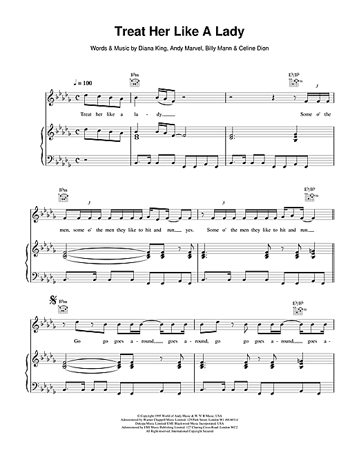 Learn to play Celine Dion Treat Her Like a Lady sheet music for Piano, Vocal & Guitar (Right-Hand Melody) in minutes. Celine Dion Treat Her Like a Lady sheet music notes and chords