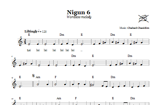 Learn to play Chabad Chasidim Nigun 6 (Wordless Melody) sheet music for Lead Sheet / Fake Book in minutes. Price: 5.9900$ Chabad Chasidim Nigun 6 (Wordless Melody) sheet music notes and chords arranged for Lead Sheet / Fake Book