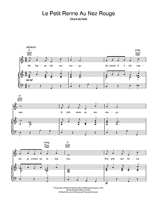 Learn to play Chant de Noël Le Petit Renne Au Nez Rouge sheet music for Piano, Vocal & Guitar (Right-Hand Melody) in minutes. Chant de Noël Le Petit Renne Au Nez Rouge sheet music notes and chords