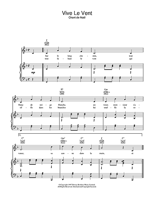 Learn to play Chant de Noël Vive Le Vent sheet music for Piano, Vocal & Guitar (Right-Hand Melody) in minutes. Chant de Noël Vive Le Vent sheet music notes and chords. Download Printable PDF.
