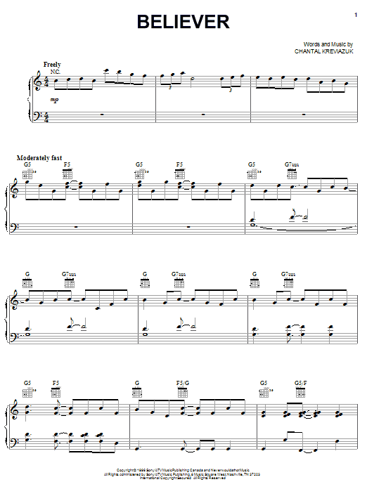 Chantal Kreviazuk Believer sheet music notes and chords. Download Printable PDF.