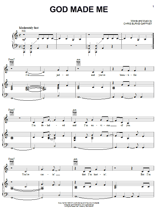Learn to play Chantal Kreviazuk God Made Me sheet music for Piano, Vocal & Guitar (Right-Hand Melody) in minutes. Chantal Kreviazuk God Made Me sheet music notes and chords. Download Printable PDF.
