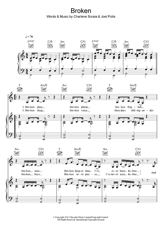 Charlene Soraia Broken sheet music notes and chords. Download Printable PDF.