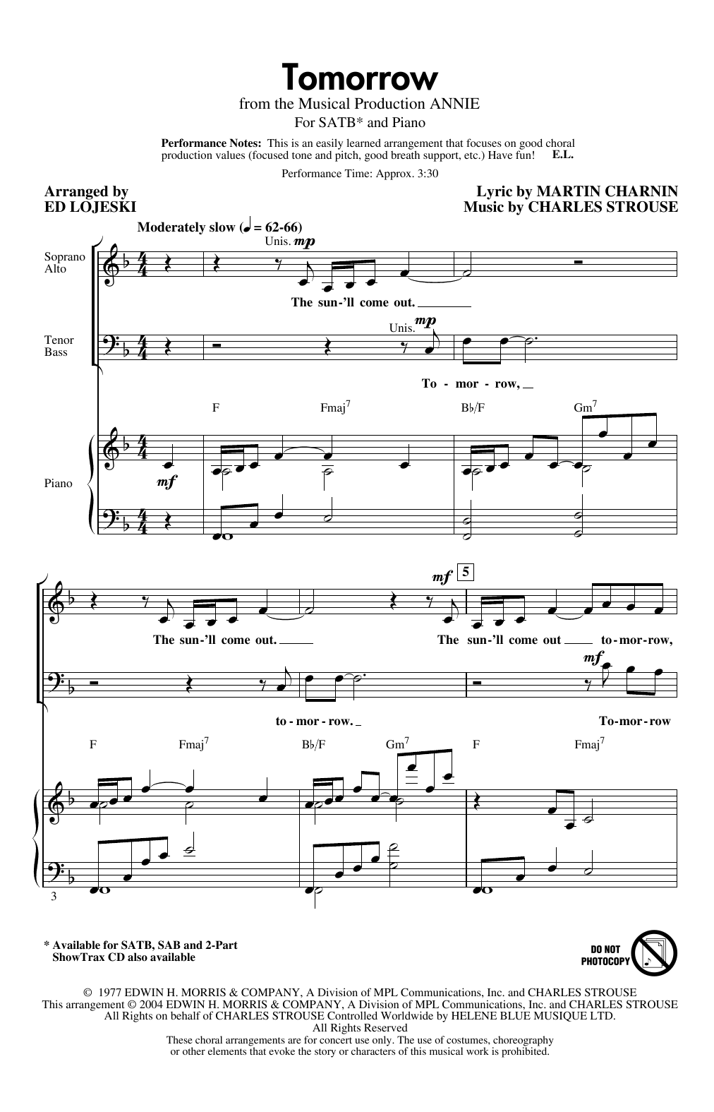 Charles Strouse Tomorrow (from Annie) (arr. Ed Lojeski) sheet music notes and chords. Download Printable PDF.