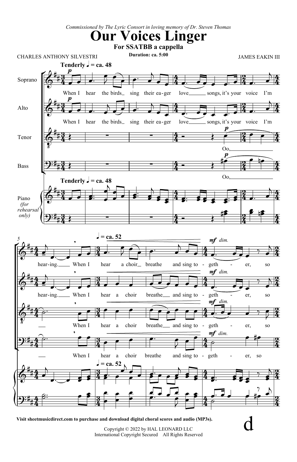 Learn to play Charles Anthony Silvestri and James Eakin III Our Voices Linger sheet music for SATB Choir in minutes. Price: 3.9900$ Charles Anthony Silvestri and James Eakin III Our Voices Linger sheet music notes and chords arranged for SATB Choir