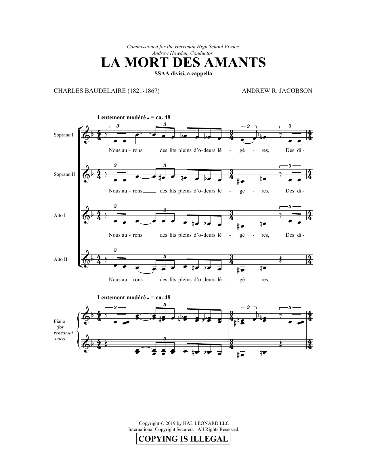 Learn to play Charles Baudelaire and Andrew Jacobson La Mort Des Amants sheet music for SSA Choir in minutes. Price: 3.9900$ Charles Baudelaire and Andrew Jacobson La Mort Des Amants sheet music notes and chords arranged for SSA Choir