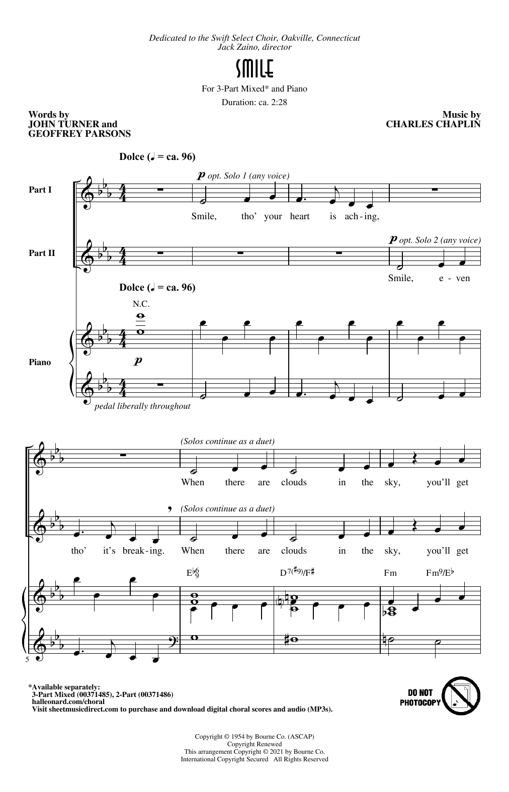 Charles Chaplin "Smile" Sheet Music for 2-Part Choir | Download PDF