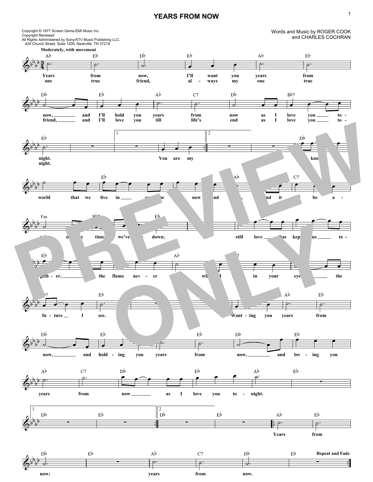 Charles Cochran Years From Now sheet music notes and chords. Download Printable PDF.