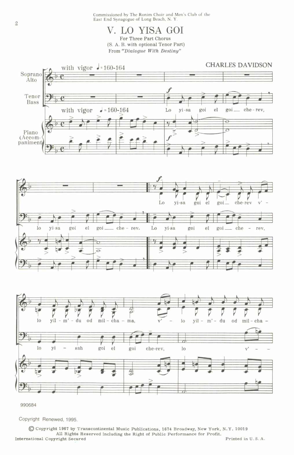 Charles Davidson Lo Yisa Goi sheet music notes and chords. Download Printable PDF.