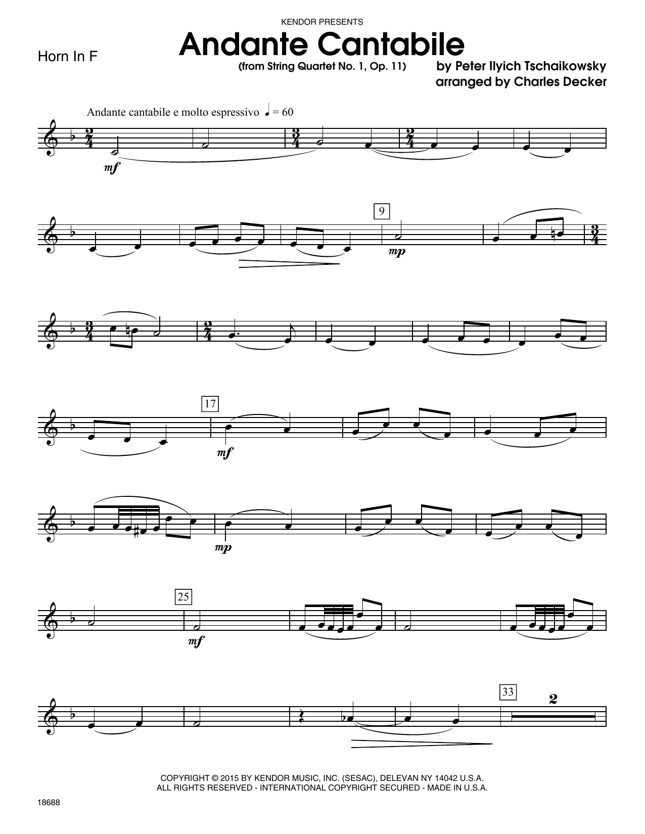 Charles Decker Andante Cantabile (from String Quartet No. 1, Op. 11) - Horn in F sheet music notes and chords. Download Printable PDF.