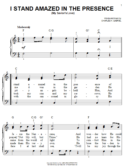 Learn to play Charles H. Gabriel I Stand Amazed In The Presence (My Savior's Love) sheet music for Piano Solo in minutes. Charles H. Gabriel I Stand Amazed In The Presence (My Savior's Love) sheet music notes and chords. Download Printable PDF.