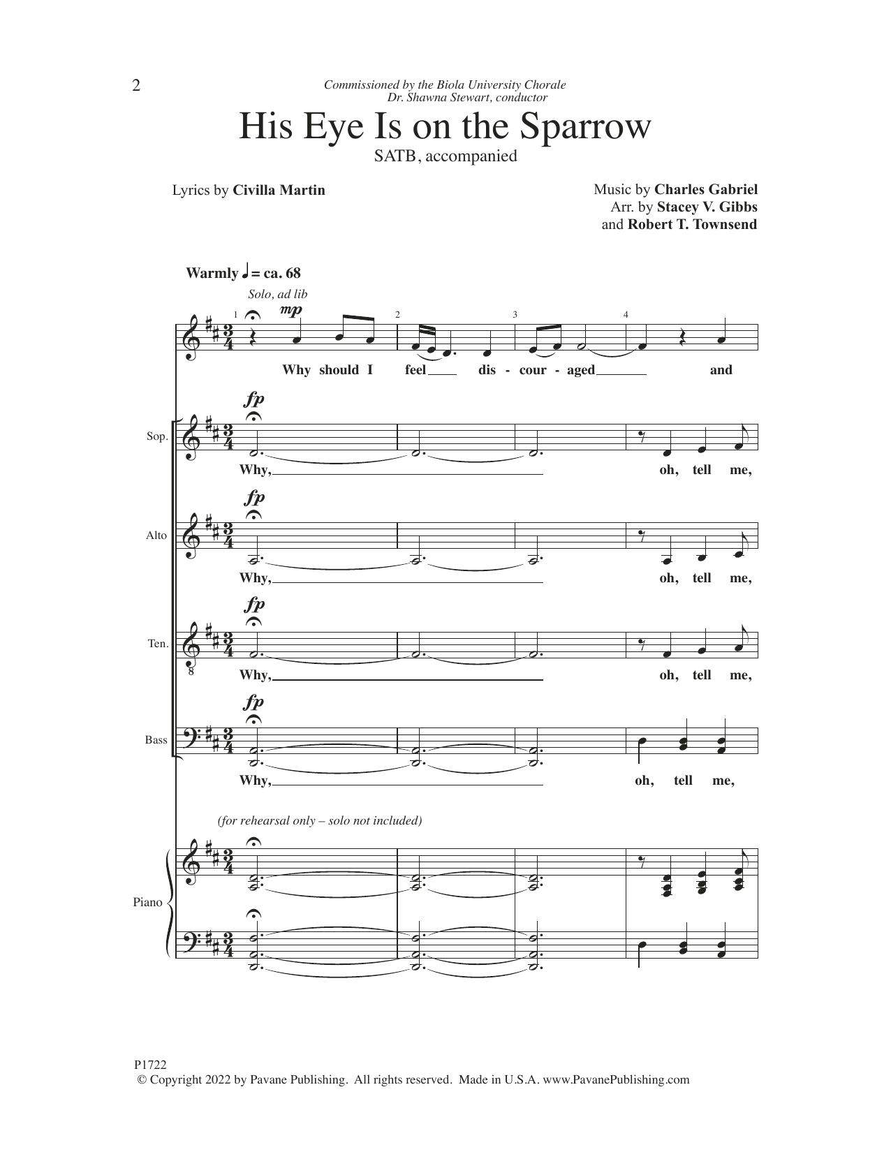 Learn to play Charles Hutchinson Gabriel His Eye Is On The Sparrow (arr. Stacey V. Gibbs & Robert T. Townsend) sheet music for Choir in minutes. Price: 3.9900$ Charles Hutchinson Gabriel His Eye Is On The Sparrow (arr. Stacey V. Gibbs & Robert T. Townsend) sheet music notes and chords arranged for Choir