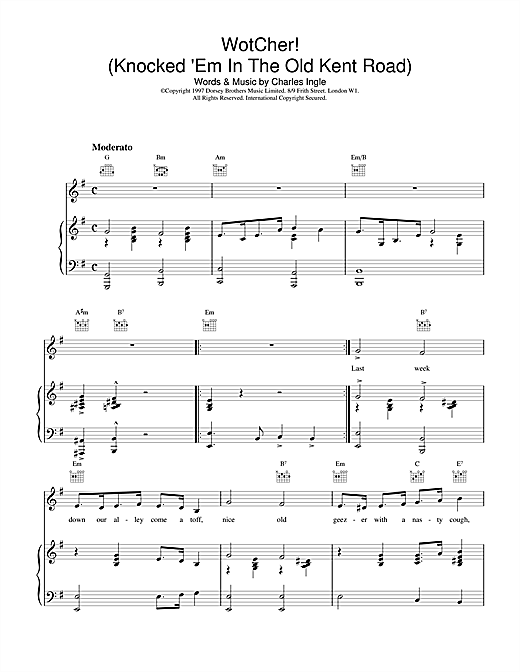 Learn to play Charles Ingle Wotcher! (Knocked 'Em In The Old Kent Road) sheet music for Piano, Vocal & Guitar (Right-Hand Melody) in minutes. Charles Ingle Wotcher! (Knocked 'Em In The Old Kent Road) sheet music notes and chords. Download Printable PDF.