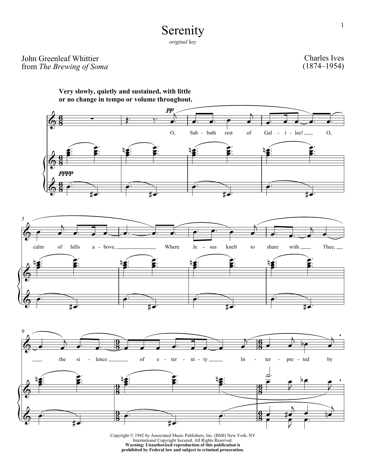 Charles Ives Serenity sheet music notes and chords. Download Printable PDF.