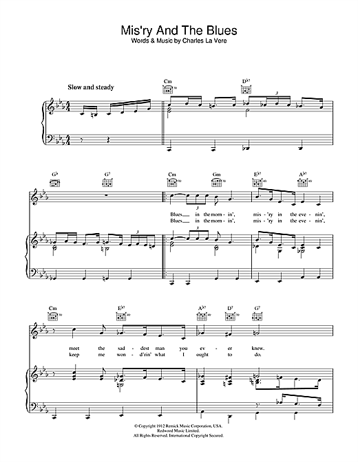 Learn to play Charles LaVere Mis'ry And The Blues sheet music for Piano, Vocal & Guitar (Right-Hand Melody) in minutes. Charles LaVere Mis'ry And The Blues sheet music notes and chords. Download Printable PDF.