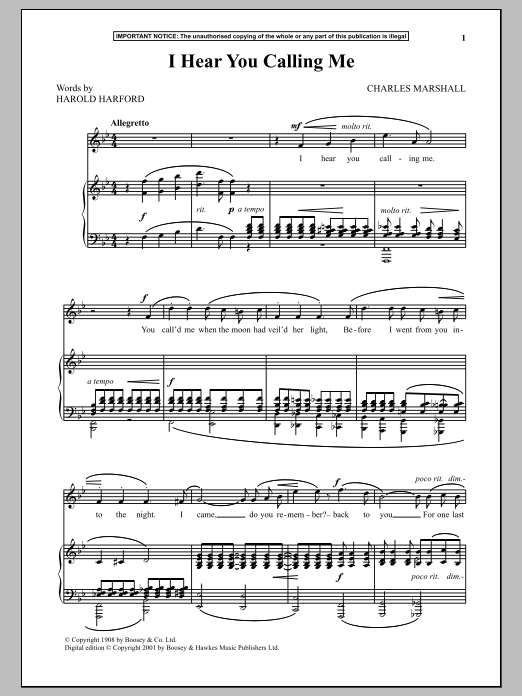 Learn to play Charles Marshall I Hear You Calling Me sheet music for Piano & Vocal in minutes. Price: 6.9900$ Charles Marshall I Hear You Calling Me sheet music notes and chords arranged for Piano & Vocal