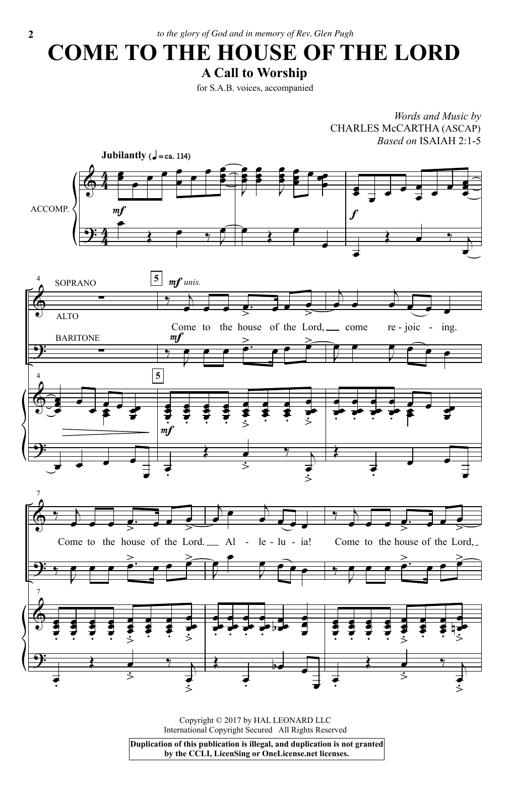 Learn to play Charles McCartha Come To The House Of The Lord sheet music for SAB Choir in minutes. Price: 3.9900$ Charles McCartha Come To The House Of The Lord sheet music notes and chords arranged for SAB Choir