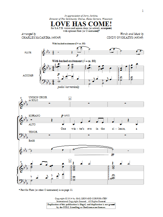 Learn to play Cindy Ovokaitys Love Has Come! (arr. Charles McCartha) sheet music for SATB Choir in minutes. Cindy Ovokaitys Love Has Come! (arr. Charles McCartha) sheet music notes and chords. Download Printable PDF.