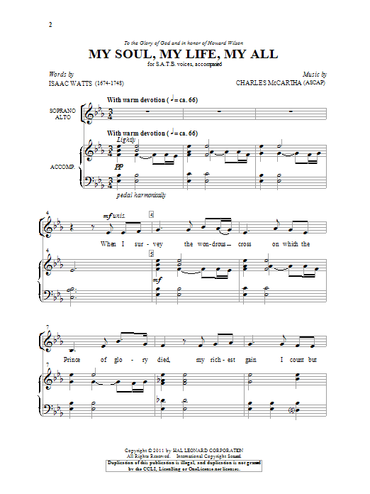 Learn to play Charles McCartha My Soul, My Life, My All sheet music for SATB Choir in minutes. Price: 3.9900$ Charles McCartha My Soul, My Life, My All sheet music notes and chords arranged for SATB Choir