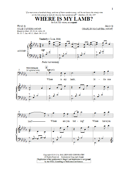 Learn to play Charles McCartha Where Is My Lamb? sheet music for SATB Choir in minutes. Price: 3.9900$ Charles McCartha Where Is My Lamb? sheet music notes and chords arranged for SATB Choir