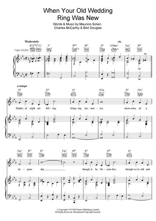 Learn to play Charles McCarthy When Your Old Wedding Ring Was New sheet music for Piano, Vocal & Guitar (Right-Hand Melody) in minutes. Charles McCarthy When Your Old Wedding Ring Was New sheet music notes and chords. Download Printable PDF.