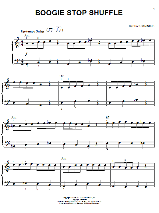 Learn to play Charles Mingus Boogie Stop Shuffle sheet music for Easy Piano in minutes. Price: 6.9900$ Charles Mingus Boogie Stop Shuffle sheet music notes and chords arranged for Easy Piano