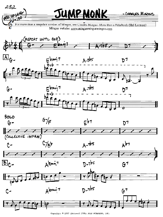 Learn to play Charles Mingus Jump Monk sheet music for Real Book – Melody & Chords – Eb Instruments in minutes. Charles Mingus Jump Monk sheet music notes and chords. Download Printable PDF.