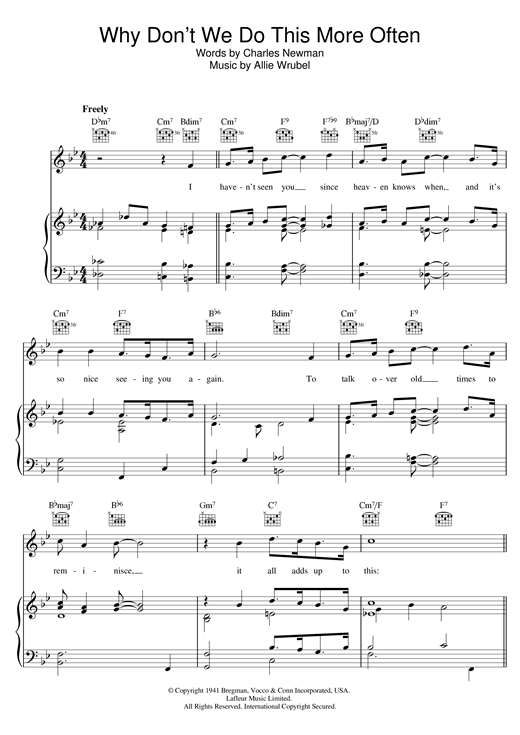Learn to play Charles Newman Why Don't We Do This More Often sheet music for Easy Lead Sheet / Fake Book in minutes. Price: 5.9900$ Charles Newman Why Don't We Do This More Often sheet music notes and chords arranged for Easy Lead Sheet / Fake Book