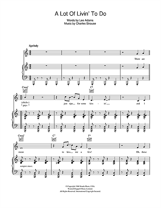 Learn to play Charles Strouse A Lot Of Livin' To Do sheet music for Lead Sheet / Fake Book in minutes. Price: 5.9900$ Charles Strouse A Lot Of Livin' To Do sheet music notes and chords arranged for Lead Sheet / Fake Book