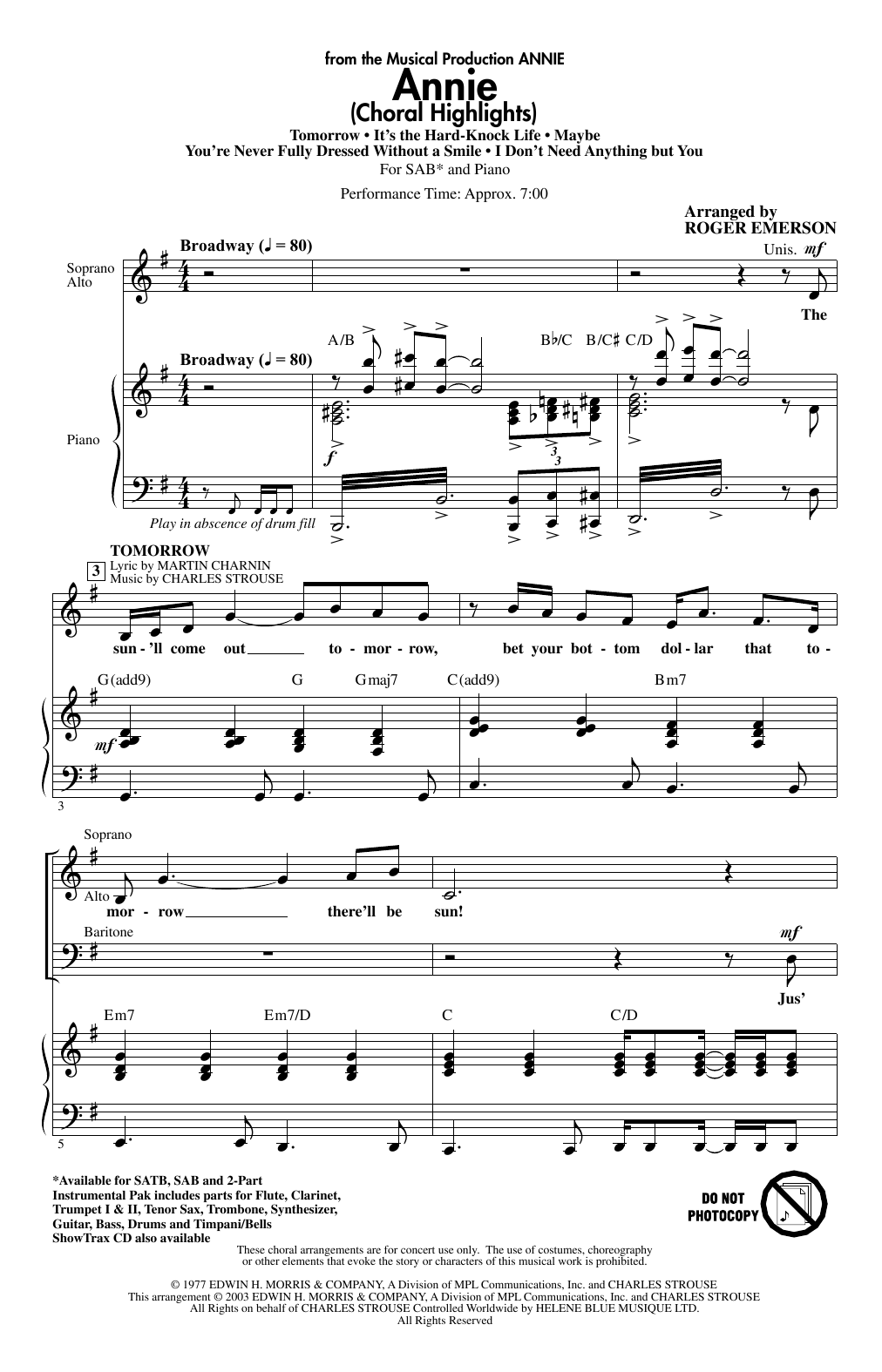 Learn to play Charles Strouse Annie (Choral Highlights) (arr. Roger Emerson) sheet music for SAB Choir in minutes. Price: 3.9900$ Charles Strouse Annie (Choral Highlights) (arr. Roger Emerson) sheet music notes and chords arranged for SAB Choir