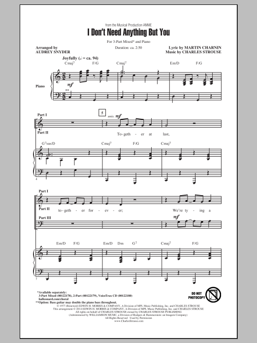Learn to play Charles Strouse I Don't Need Anything But You (arr. Audrey Snyder) sheet music for 2-Part Choir in minutes. Charles Strouse I Don't Need Anything But You (arr. Audrey Snyder) sheet music notes and chords. Download Printable PDF.