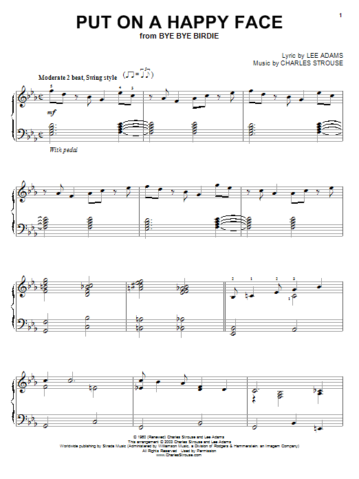 Preview Charles Strouse Put On A Happy Face Broadway sheet music, notes and chords for Piano Solo, SKU: 25852 sheet music, piano notes, chords, guitar tabs, score, transpose, transcribe, how to play, guide, download, learn, tutorial, progression, song, artist, awards, billboard, mtv, vh1, tour, single, album, release