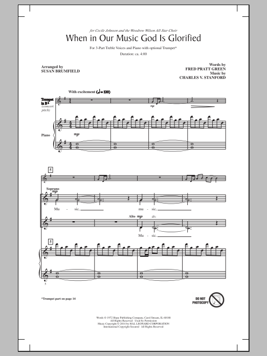Learn to play Charles Villiers Stanford When In Our Music God Is Glorified (arr. Susan Brumfield) sheet music for 3-Part Treble Choir in minutes. Price: 3.9900$ Charles Villiers Stanford When In Our Music God Is Glorified (arr. Susan Brumfield) sheet music notes and chords arranged for 3-Part Treble Choir