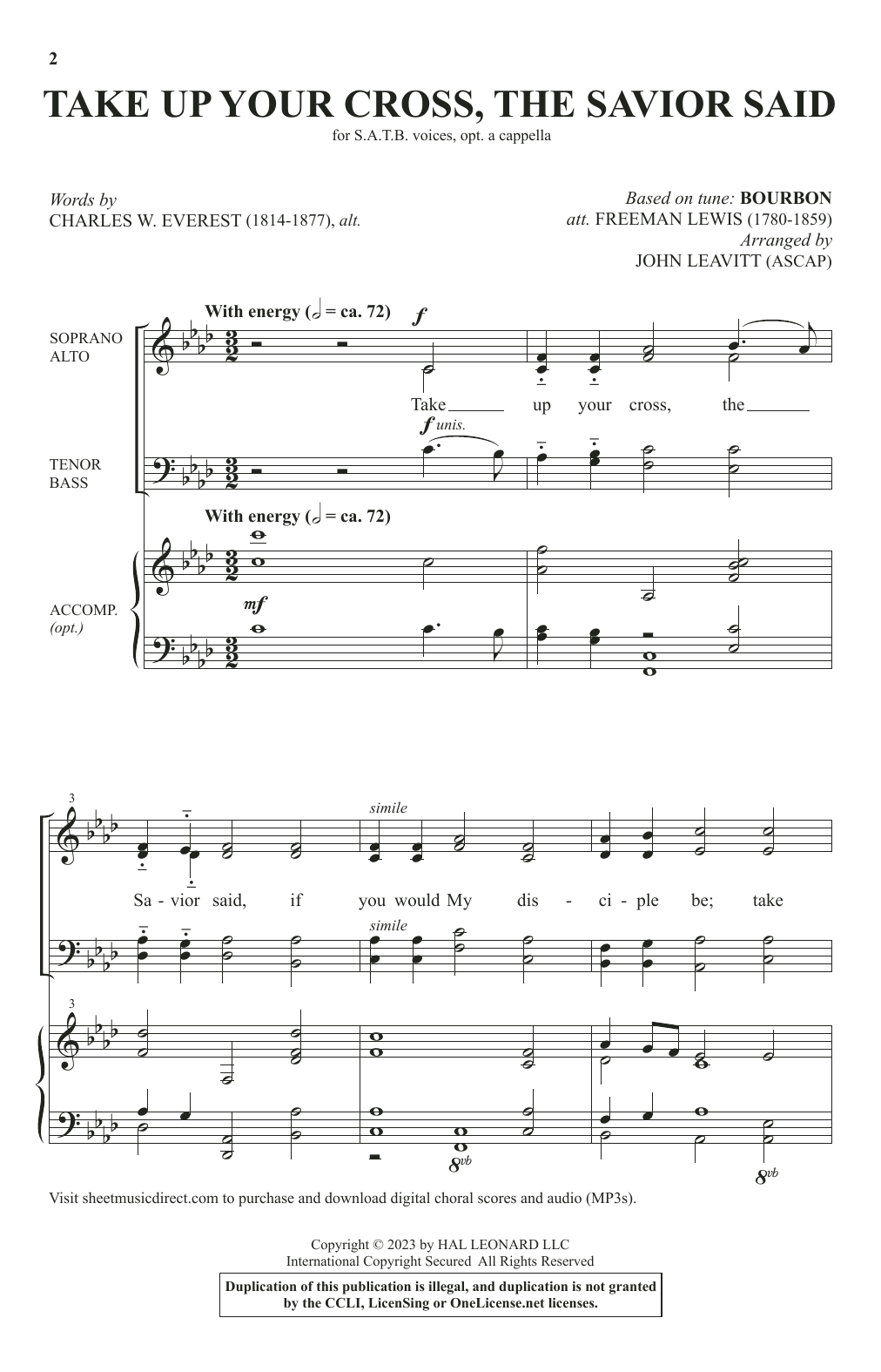 Learn to play Charles W. Everest, alt. Take Up Your Cross, The Savior Said (arr. John Leavitt) sheet music for SATB Choir in minutes. Price: 3.9900$ Charles W. Everest, alt. Take Up Your Cross, The Savior Said (arr. John Leavitt) sheet music notes and chords arranged for SATB Choir