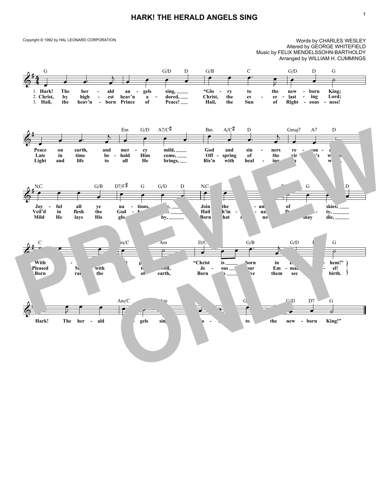 Christmas Carol Hark! The Herald Angels Sing sheet music notes and chords. Download Printable PDF.